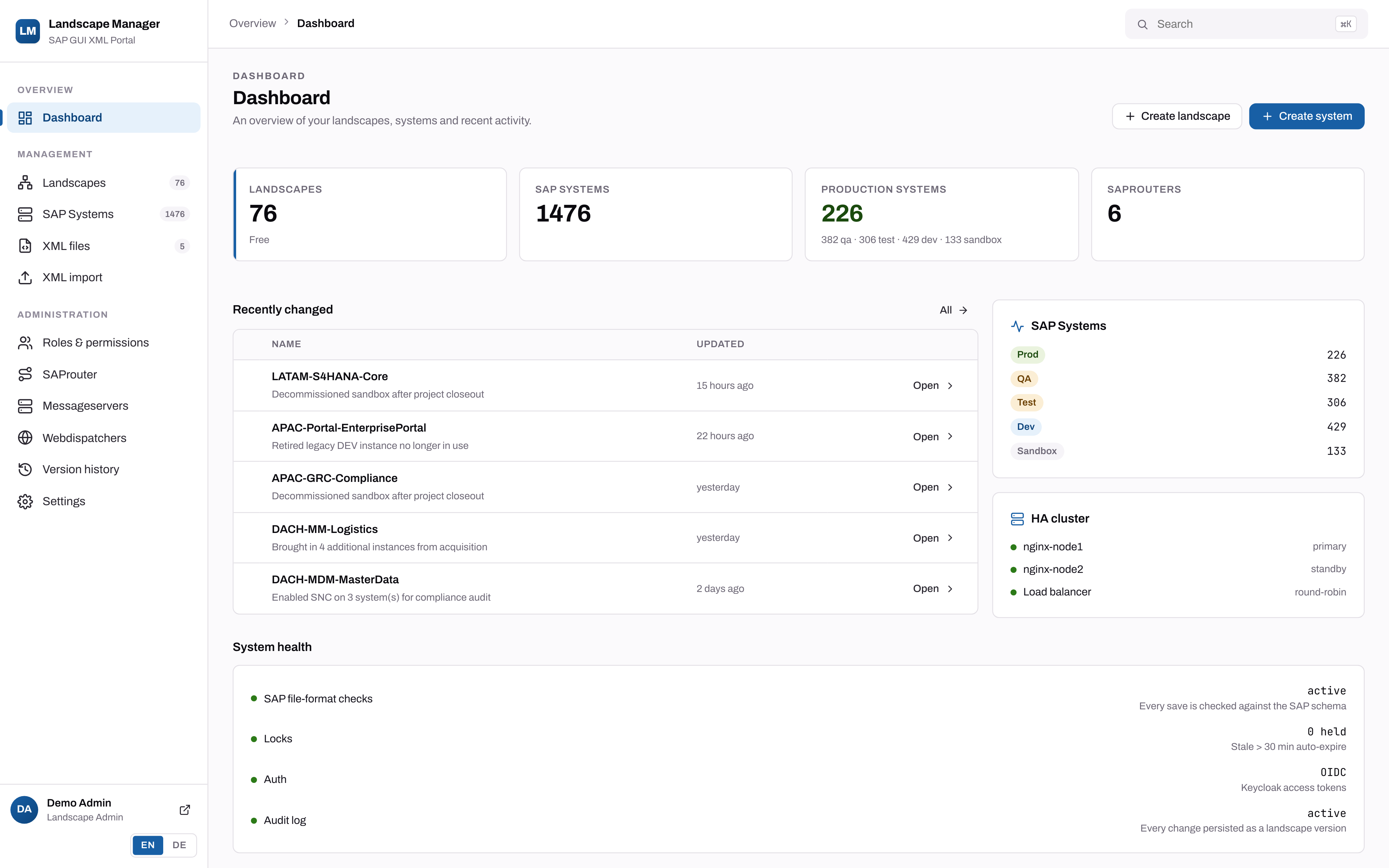 Landscape Manager dashboard